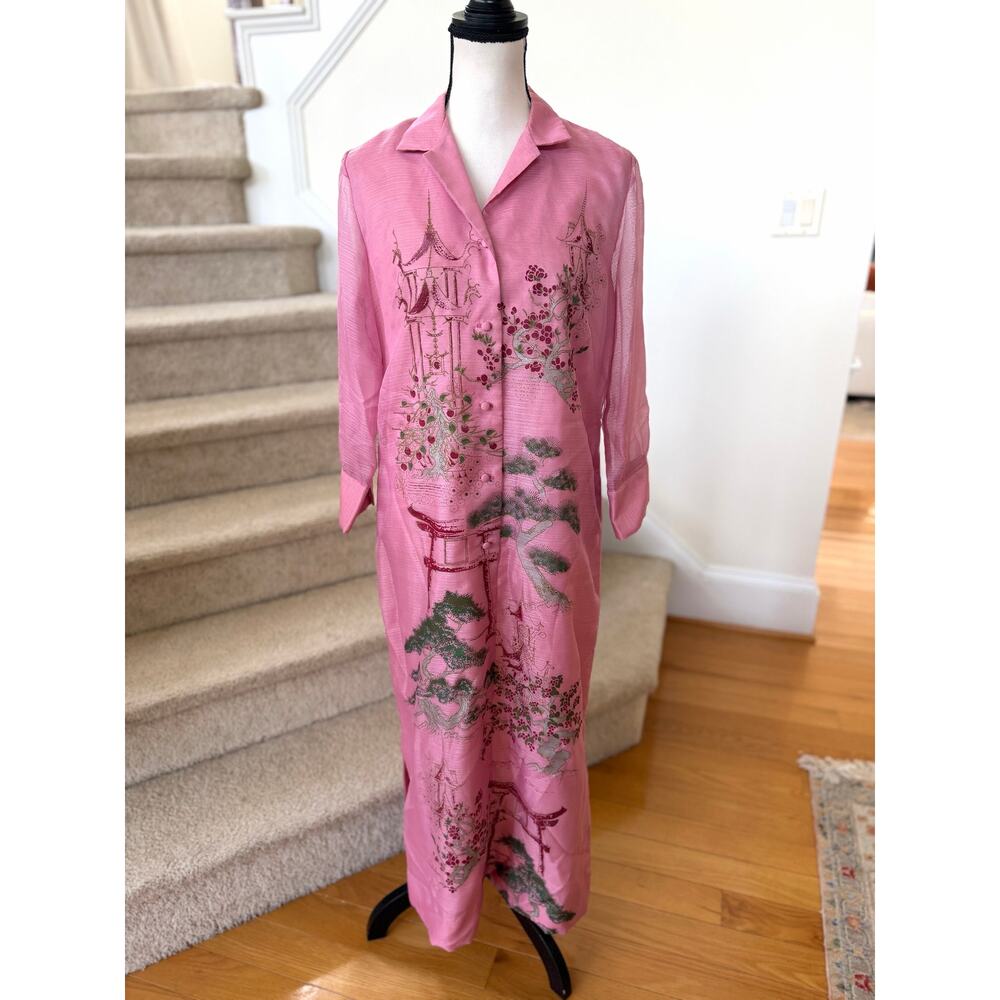 Alfred Shaheen 60s Printed Pink Chinoiserie Pagoda Shirt Dress Caftan SEE SIZE